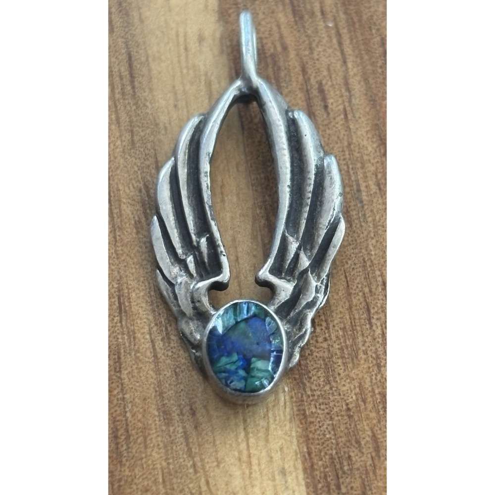 925 Sterling Silver Native American Azurite Wings Pendant 1.5" Signed